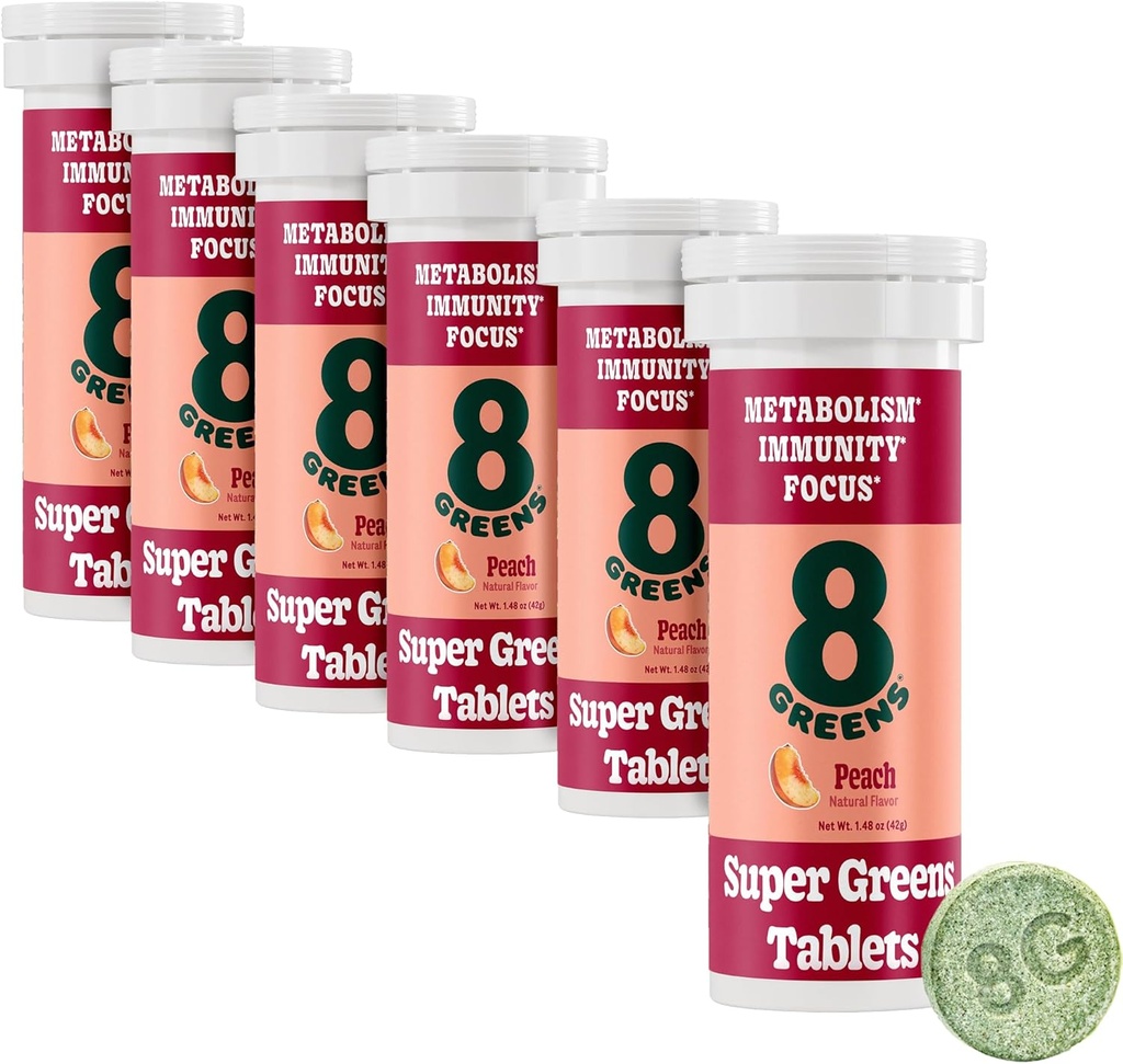 8Zielone tabletki Supergreens 124; Super Zielone proszku Superfood, Odporność na metabolizm & Focus, Codziennie Zielone tabletki effervescent, Organic: Aloe Vera, Spirulina, Chlorella, Brzoskwinia, Tube 60 Słupki.