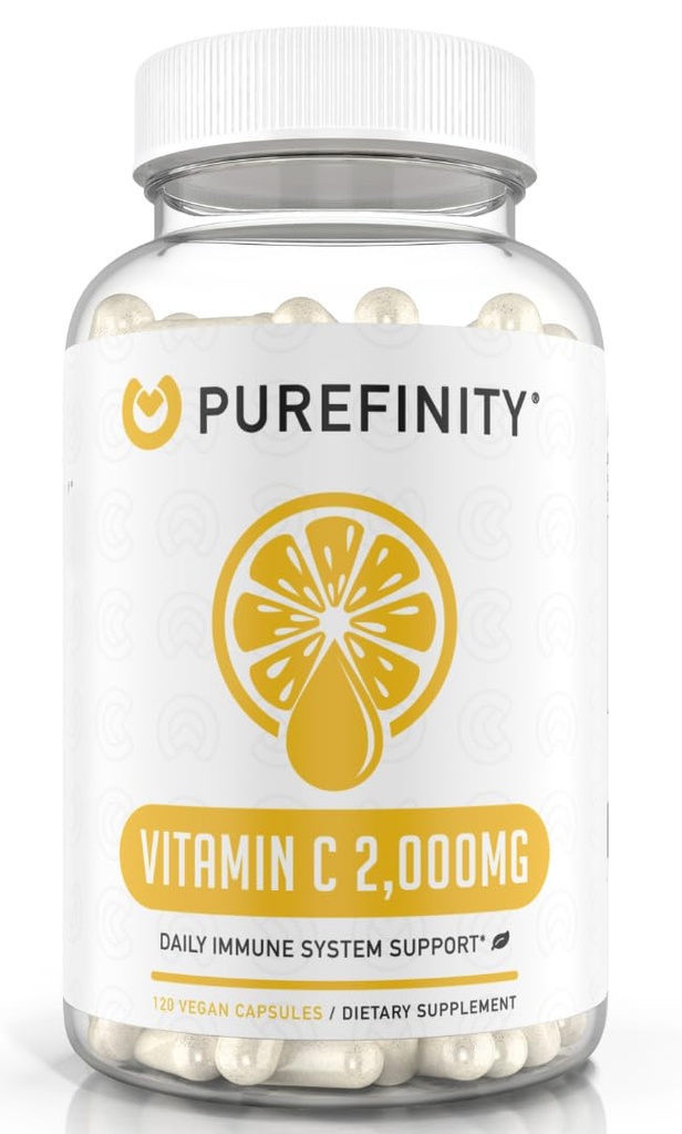 PUREFINITY Witamina C 2000mg Kapsułki - Podwójna wytrzymałość, Wysoka Absorpcja Suplement, Potężne Właściwości przeciwutleniające, 120 Kapsułki (1 Miesiąc dostawy)