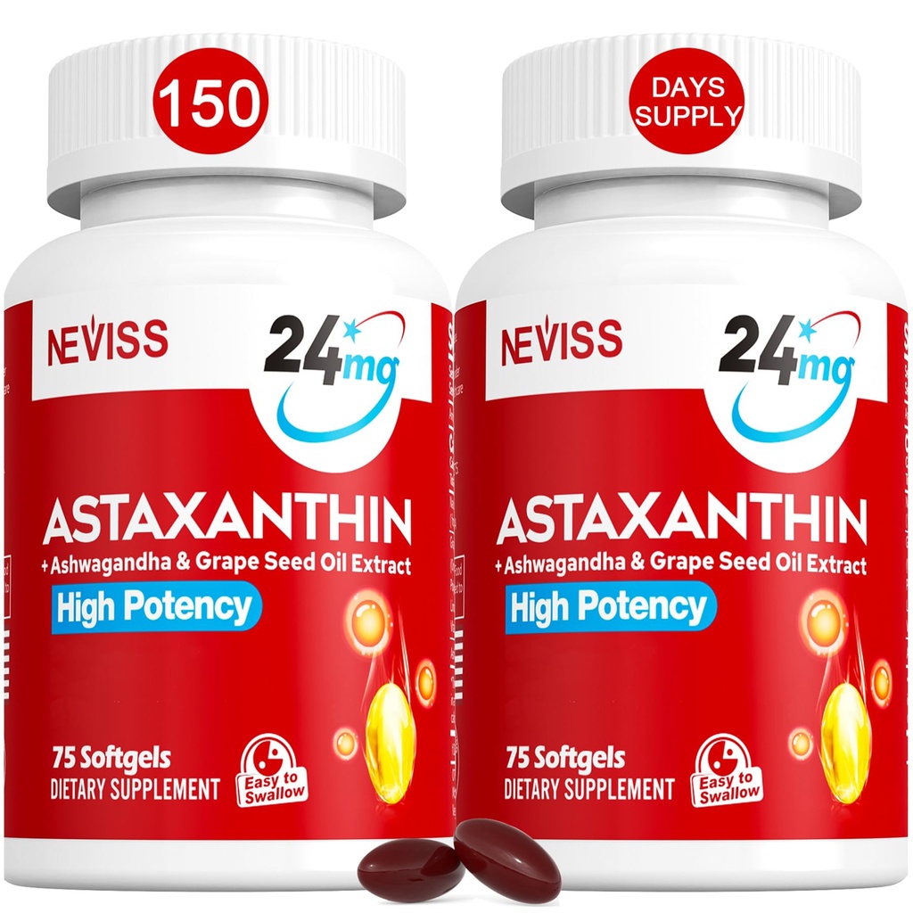 Astaksantyna Suplementy 24mg, 5 Miesiące Dostawy - Kokosowy MCT Olej, świeże mikroalgi Źródło w / olej z nasion winogron, Ashwagandha - przeciwutleniacze dla zdrowej skóry, oczu, starzenia - Non-GMO & Gluten Free, 150 Softgels