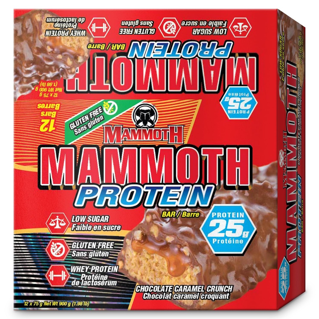 Batonik z białkiem MAMMOTH, Chrupka z masłem orzechowym czekoladowym, Chrupka z białkiem 25g, Niski cukier, Niski węglowodór, Gluten wolny, 12 x 65g (12 hrabiego) (Chrupka z masłem orzechowym czekoladowym) (12 hrabiego, Chrupka z karmelem czekoladowym)