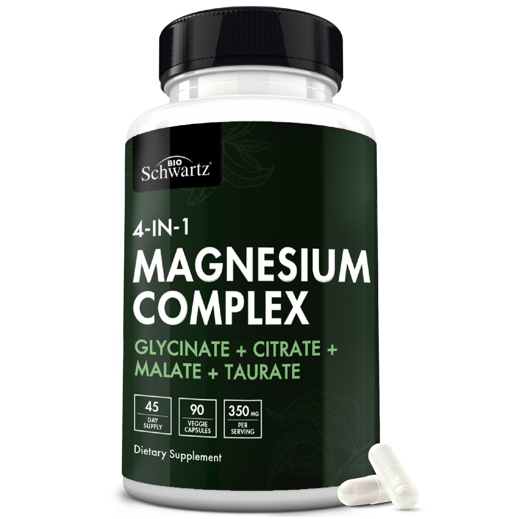 BioSchwartz Magnezu Complex Supplement (90 Kapsułek) 350mg Magnezu Glicynian Cytrynian jabłczan i Taurate na Podawanie na zdrowe Nerwy Mięśnie Wspomaganie snu (Wegan, Gluten- Free, Non-GMO)