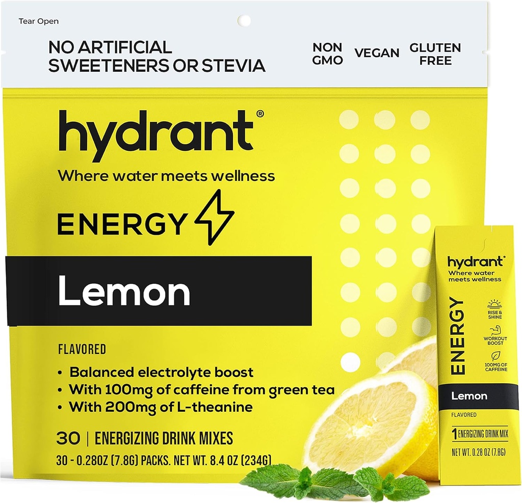 Hydrant Energy Lemon Flavor 30 Stick Pack, Kofeina & L- Theanine Rapid Hydration Mix, Electrolyte Hydration Puder Pakiety z cynku