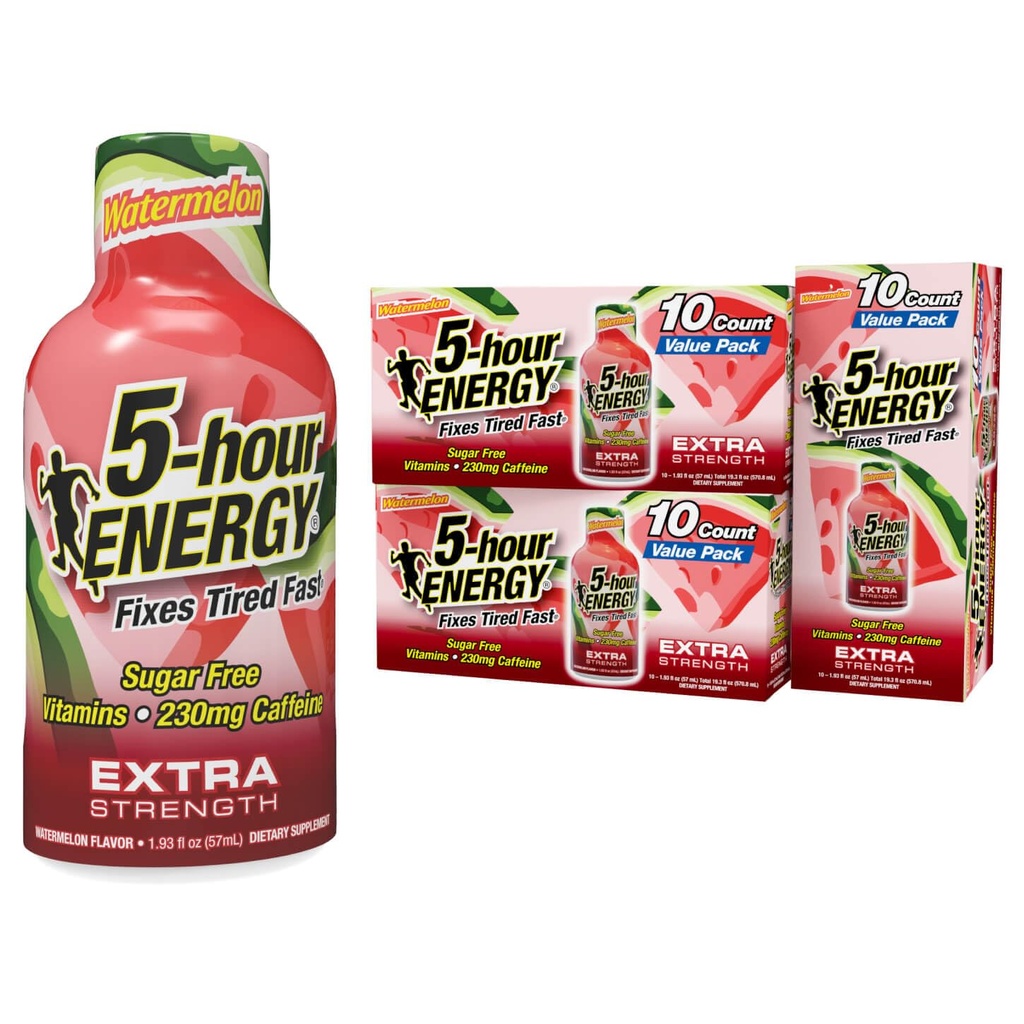 5-godzinny zastrzyk energetyczny ENERGY Extra Siła, aromat arbuzowy, 1,93 oz., 30 hrabiego, bez kalorii i cukru 230 mg kofeinowanego zastrzyku energetycznego, aminokwasy i witaminy B, suplementy diety