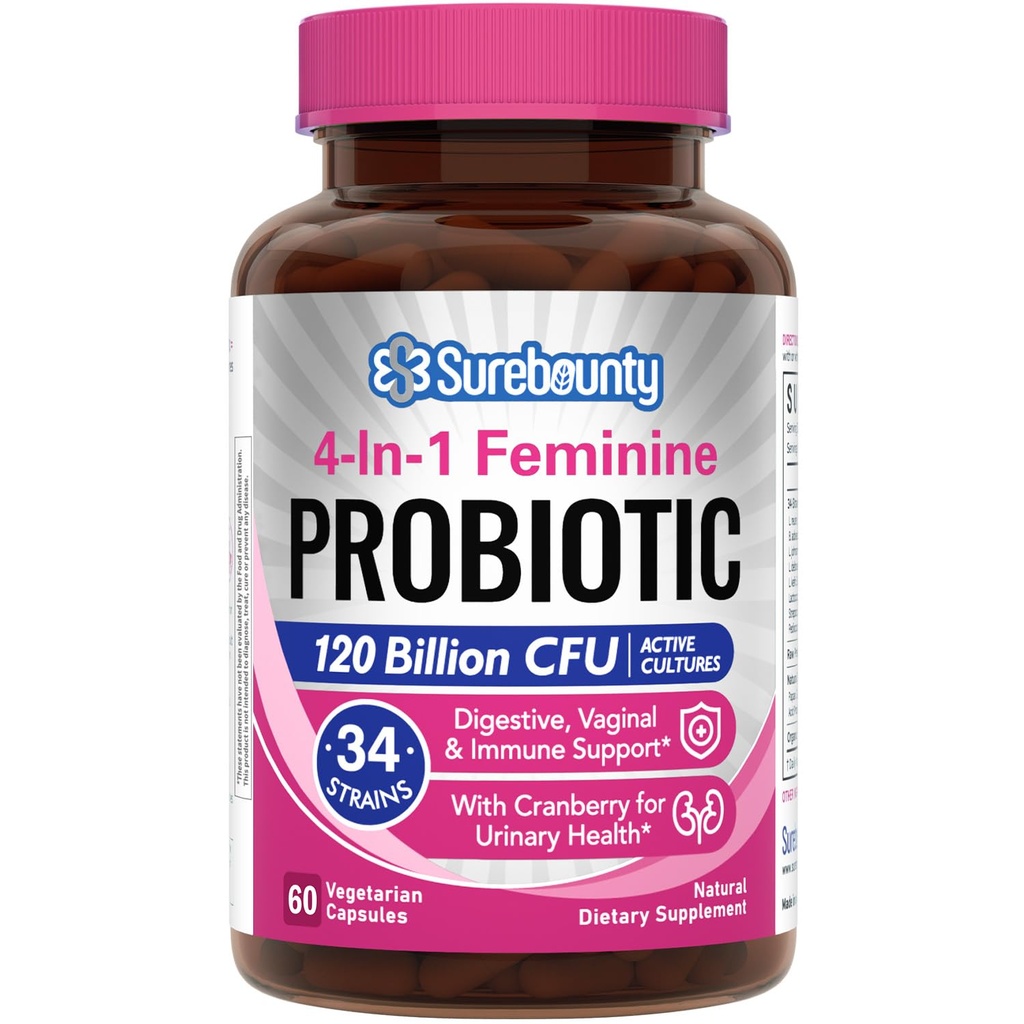 Probiotyki dla kobiet, 120 Miliard CFU 34 Szczepy, Prebiotyki, Enzymy trawienne, Żurawina, 4- in-1 Probiotyk kobiecy, Digestive, Waginal, Wsparcie immunologiczne, 60ct