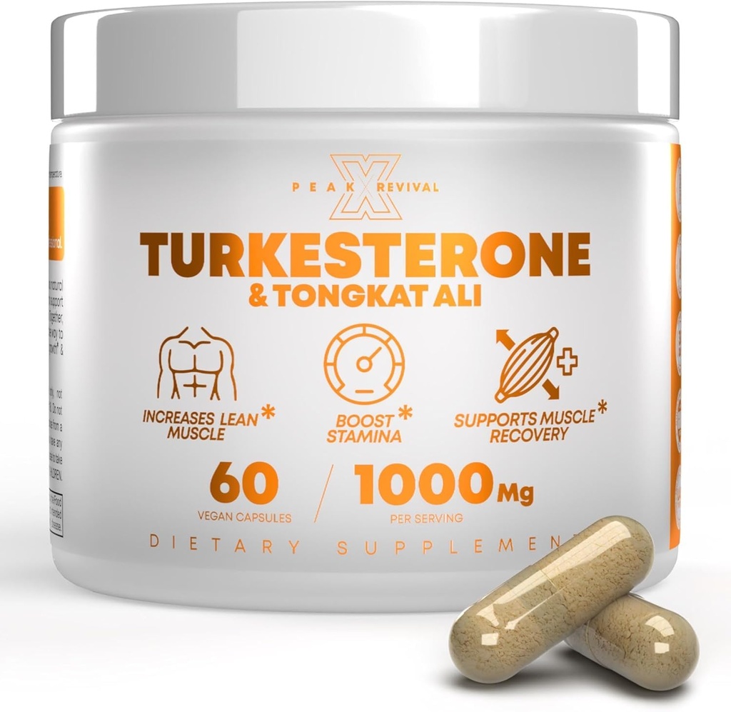 Peak Revival- X Turkesterone Tongkat Ali Supplement (500mg Ajuga Turkestanica + 250mg Tongkat Ali) 60 Capsules- Turkesterone Supplement 1000mg - Wytrzymałość mięśni i wsparcie odzysku - Made in The USA