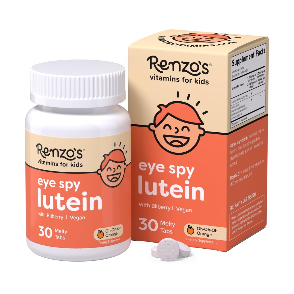 Renzo 's Eye Spy Lutein z Bilberry Extract, Rozpuszczalne Witaminy dla dzieci dla zdrowia oczu, Suplementy bez cukru, 30 Orange- Orange- Pachnące Tabs Stopy