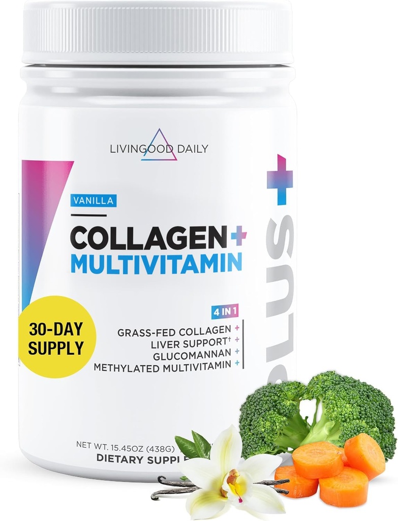 Livingood Daily Collagen Proszek dla Kobiet i Mężczyzn, Wanilia, Białko żywione trawą, Zhydrolizowane Kolagen Peptydy z witaminą C & Multi Witaminy do włosów, Skóra, Nail & Gut Zdrowie, Gluten Free, 30 Służenia