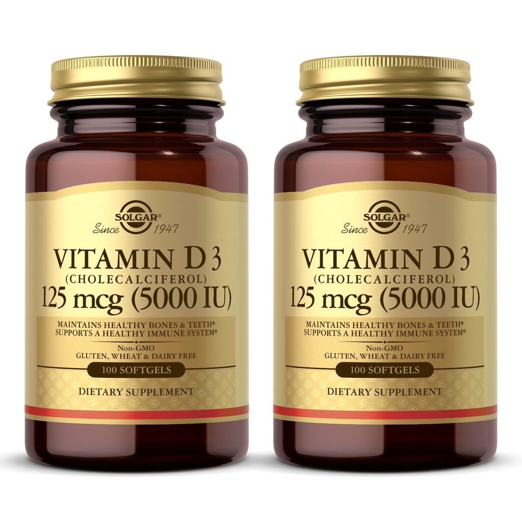 Witamina Solgar D3 (Cholecalciferol) 10 µg (400 j.m.) - 100 Softgels, Opakowanie 2 - Pomaga utrzymać zdrowe kości i zęby - Wsparcie układu immunologicznego - Non-GMO, Gluten Free, Dairy Free - 200 Sługi ogółem