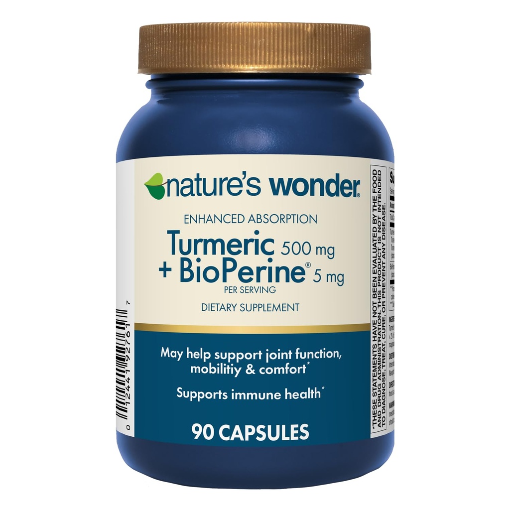 Naturalny Wonder Turmeric Supplement z BioPerine - Zwiększona absorpcja Turmeric Complex 500mg z BioPerine 5mg dla wspólnej funkcji, Mobilność i Komfort, 90 Kapsułki wegetariańskie Turmeric