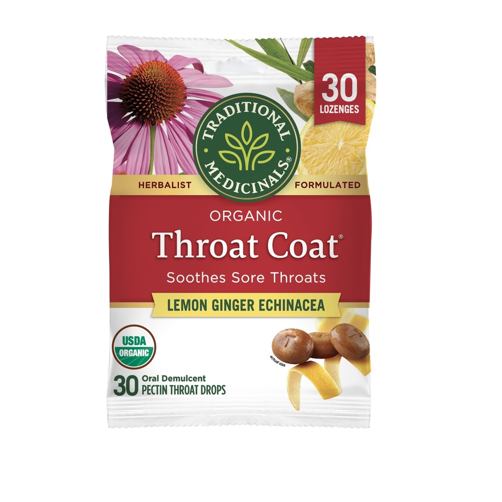 Tradycyjne Medicinals Lozenges, Organic Throat Coat Lemon Ginger Echinacea, Sore Throat Support, 30 Indywidualnie zapakowane Lozenges