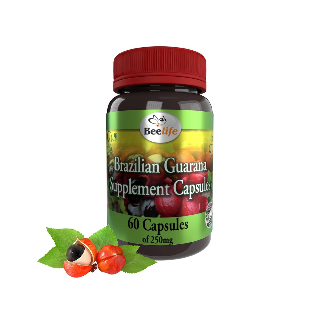 Beelife Brazylijskie kapsułki Guarana - Naturalne suplementy kofeiny z Brazylii - Energia & Mental Focus, Wsparcie siłowe mięśni - Zero gluten, No Sugar Pre Workout for Men & Women - 250 mg 60 Czapki
