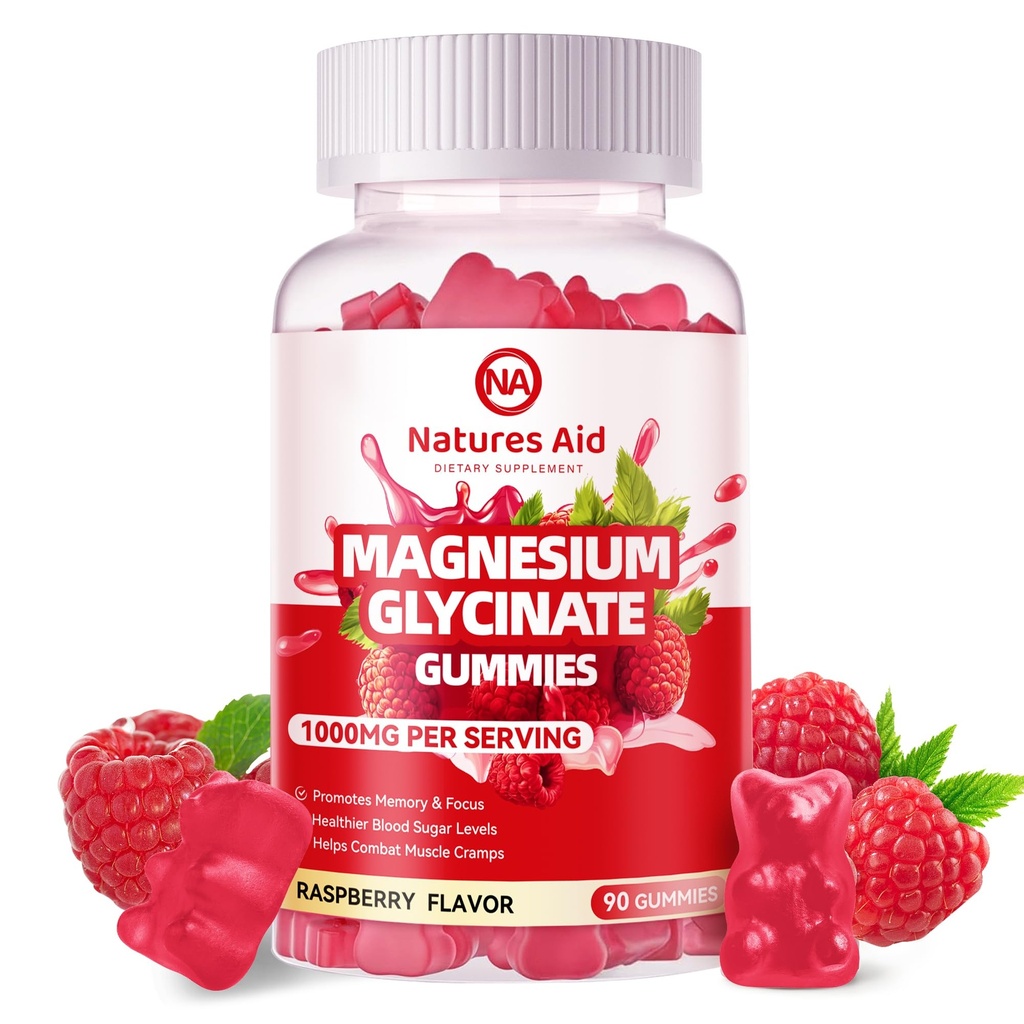 Glucynian magnezu Gummies 1000mg - Sugar Free Magnezu suplement potasu z witaminą D, B6, CoQ10 dla spokojnego nastroju i wsparcia snu - 90 Malina Gummies.