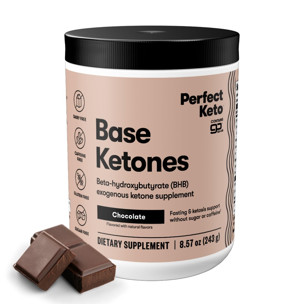 Perfect Keto egzogenne Ketones proszek, sól BHB do ketozy i wsparcia postu, elektrolity do nawadniania, kofeiny wolna energia, czekolada, 8.57 oz