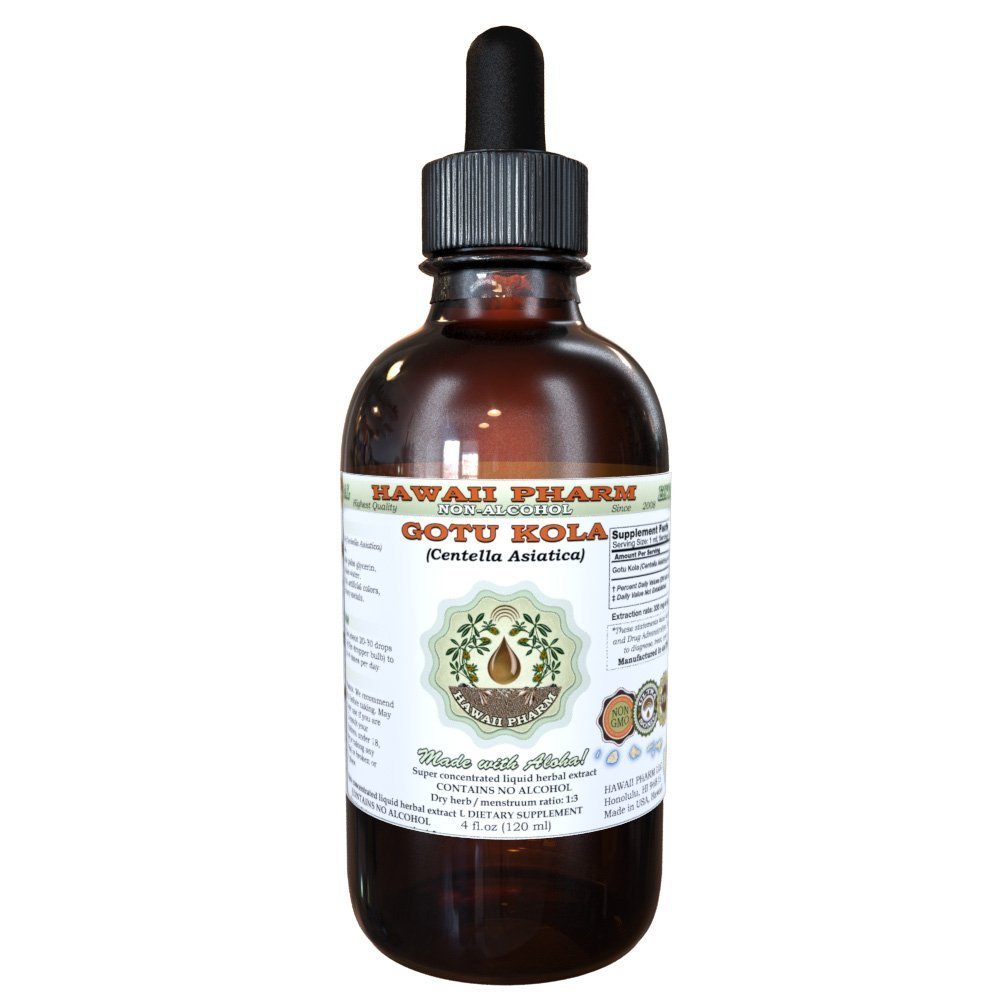 Gotu Kola Alcohol- Free Liquid Extract, Organic Gotu Kola (Centella Asiatica) Dried Leaf Glycerite Hawaii Pharm Natural Herbal Supplement 4 oz