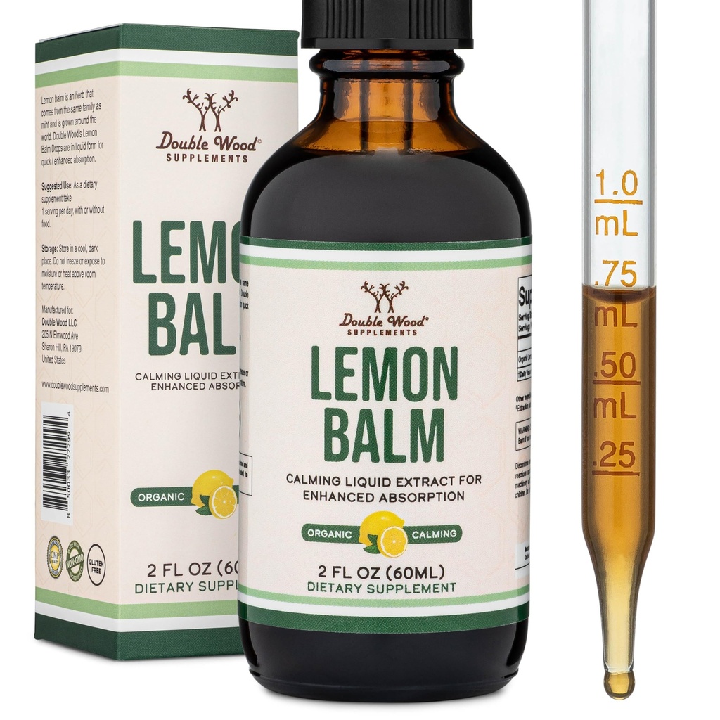 Double Wood Supplements Organic Lemon Balm Tincture - do trawienia i relaksacji 590mg - 2FL OZ, 120 Służenia (Lepsze wchłaniane niż kapsułki, Wielki dla Lemon Balm Tea)