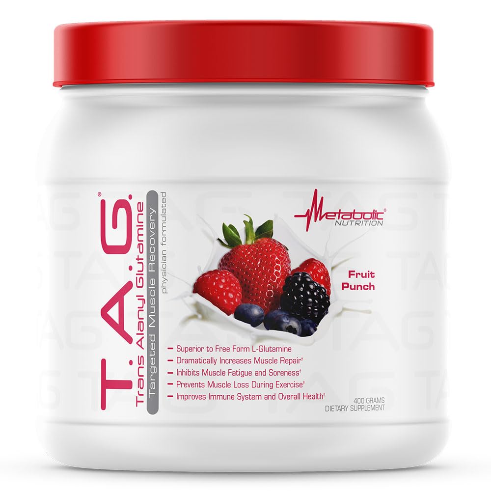 Metaboliczne odżywianie, TAG, Trans Alanyl glutamina, 100% L- glutaminy Peptyd proszek, Preintra Post Workout Suplement, 400 Grams (40 Servings) (Fruit Punch)