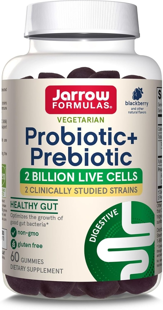 Jarrow Fixas Probiotic + Prebiotic Dietetic Supplement, Digestive Health, Gut Flora + Immune Health - 2 Billion CFU - 2 Clinically Studied Strains - 60 Gummies - Blackberry Flavor