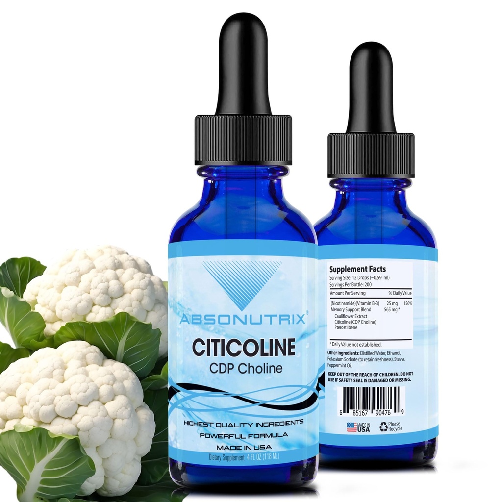 Absonutrix Citicoline 590 mg, 4 Butelka Oz, 200 Servings, Made in USA, Szybka absorpcja, Jakość składników mocnych, Non-GMO, GMP Certified, Cruelty- Free Products