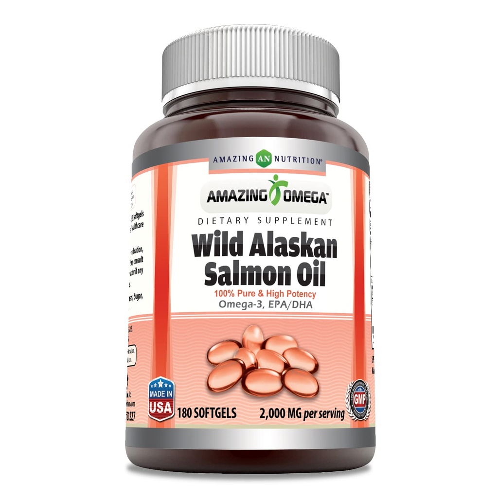 Amazing Omega Wild Alaskan Salmon Supplement Agregat 124; 2000 Mg per Serving Agregat 124; 180 Softgels Agregat 124; Non-GMO Agregat 124; Gluten- Free Agregat 124; Made in USA