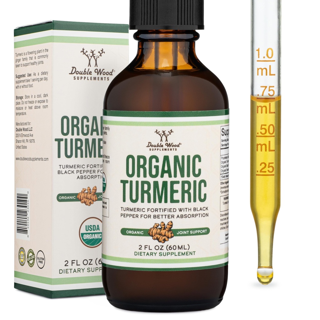 Kurkumina kurkumina z czarnymi kroplami pieprzu - Organic Turmeric Supplement Drops 1,180mg - 2FL OZ, 60 Słupki (z Black Pepper Seed, Ginger, Rosemary i Sage) do wspólnego wsparcia przez podwójne drewno
