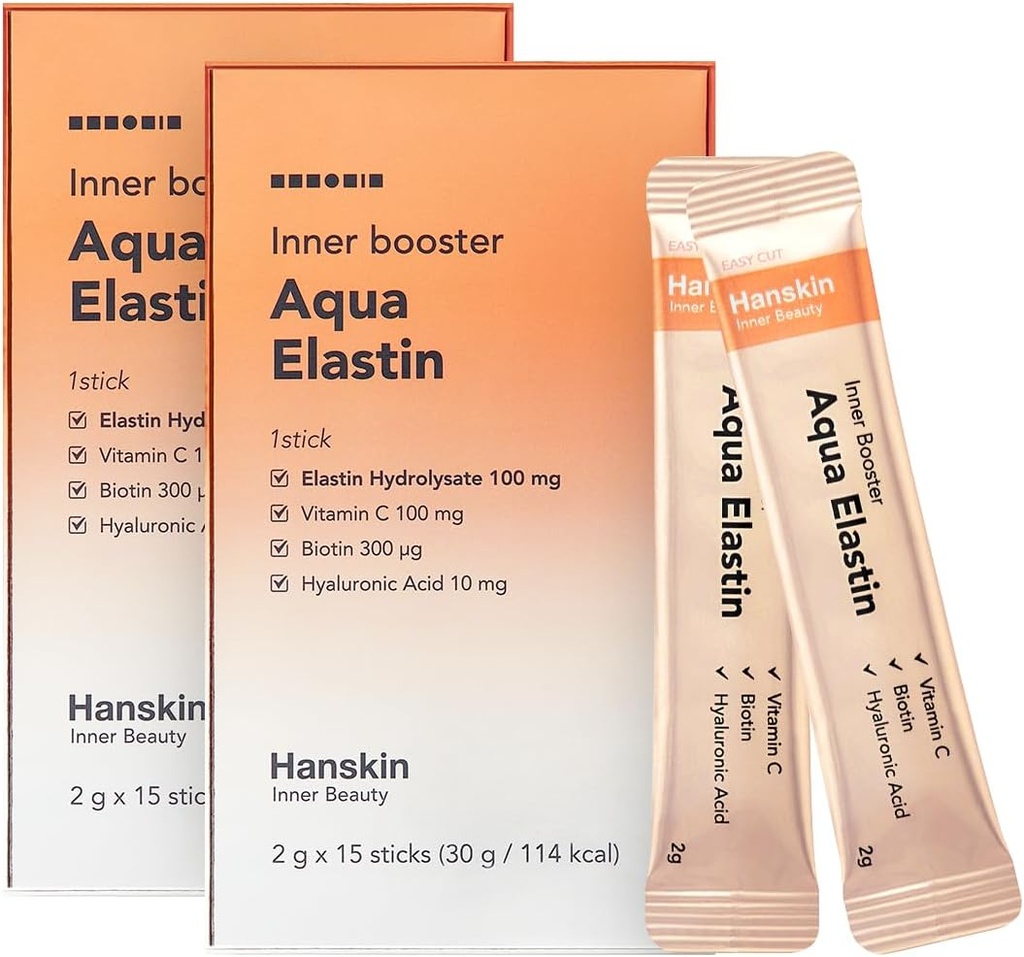 Hanskin Aqua Elastin Hyaluronic Acid Powder Pakiety do włosów, skóry, zmarszczki i paznokcie do 124; Biotyna, Witamina C, Kwas hialuronowy do 124; Suplement odżywczy do zdrowej skóry, 2g x 30 Indywidualne kleszcze