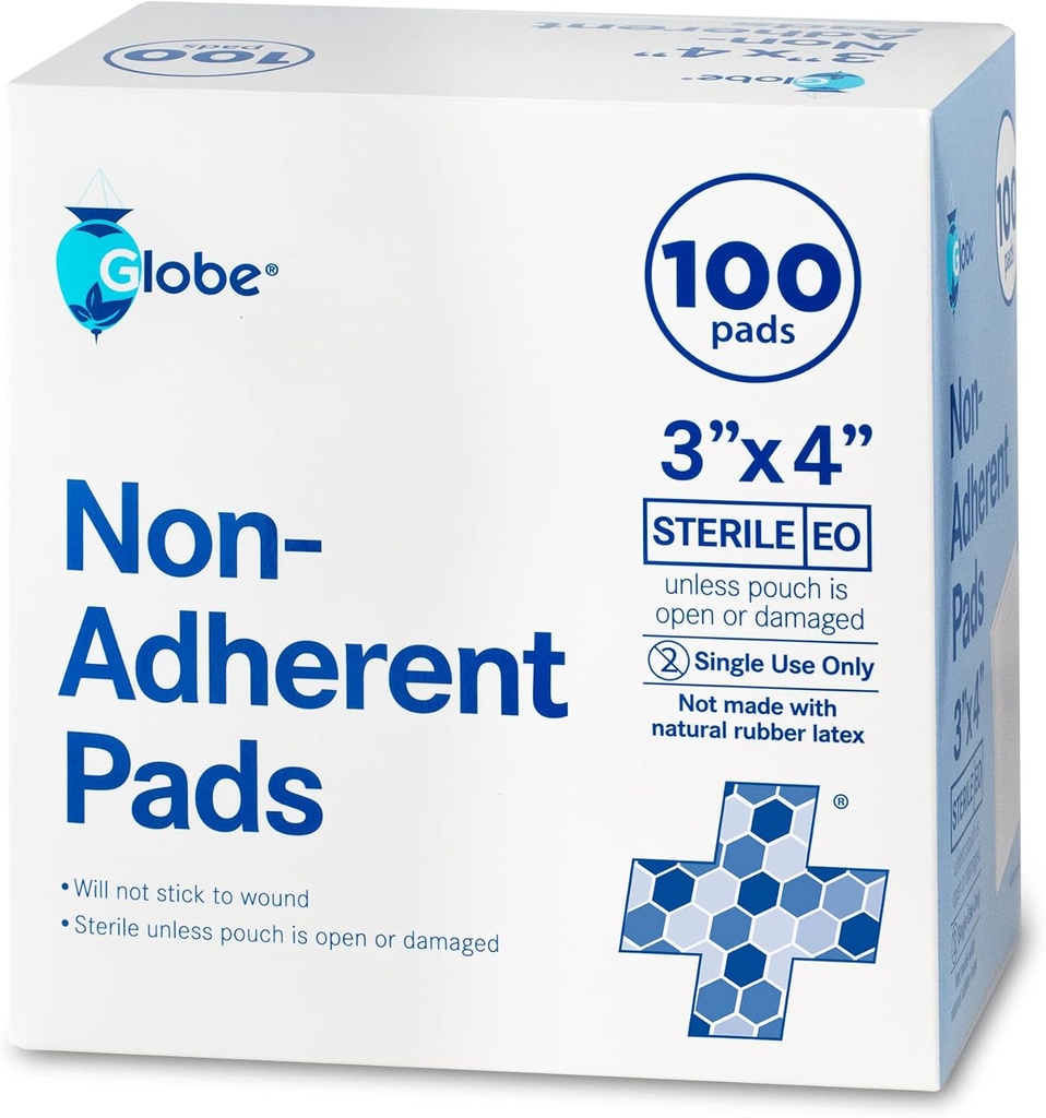 Globe Advanced Steryle Non-Adherent Pads Between 124; 100- Pack, 3 "x 4" Between 124; Non- Adhesive Bound Dressing Between 124; Highly Absorbent & Non- Stick, Painless Removal- Switch Between 124; Indywidualnie zapakowane dla dodatkowej ochrony (3 x 4)