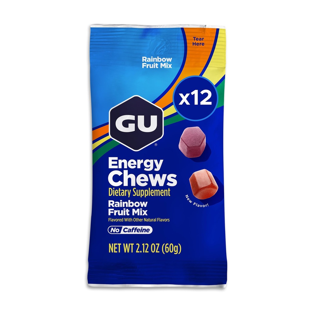GU Energy Chews, Rainbow Mix Energy Gummies z elektrolitami, Darmowy, Energia On- The- dla każdego treningu, 12 Torby (24 Służenie ogółem)