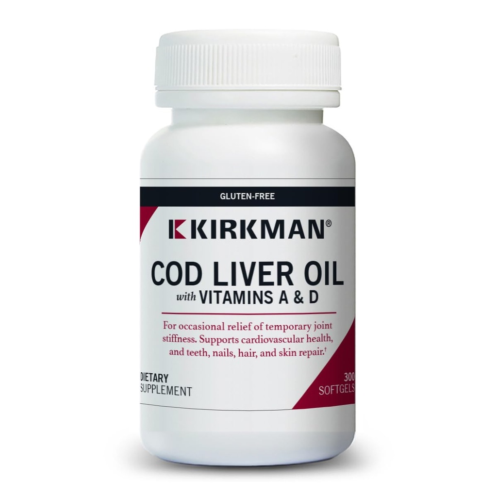 Kirkman - Olejek z wątroby dorsza z witaminą A & D - 300 Softgels - Podstawowe kwasy tłuszczowe - Pomaga Foundational Health - Hipoalergiczne