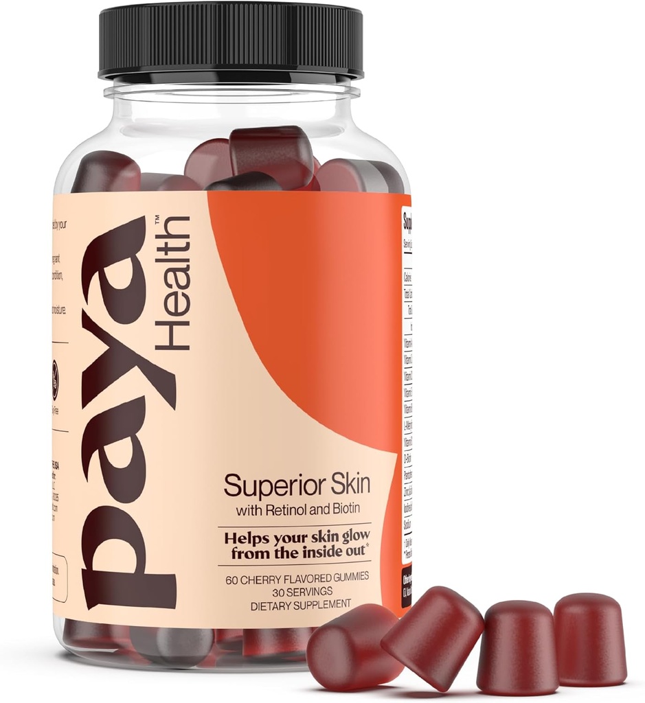 Retinol skóry i Gummie Biotin dla przezroczysty, gładka skóra, zdrowe włosy i paznokcie 124; Suplement z cynku, witaminy A, E i C 124; Non-GMO, Gluten- Free, Cherry Flavor, 60 Count