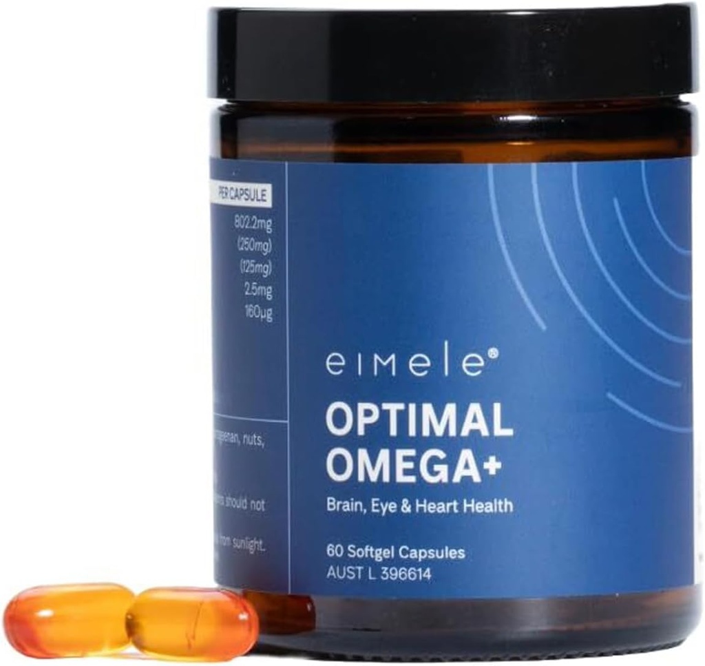 eimele 124; Optimal Omega + 124; Plant- based Omega-EPA & DHA ETAP 124; Supplement for Brain, Eye & Heart Health Assembly 124; Antioksydant Support for Cognitive Function & Wellbeing 124; Non-GMO Amplitude 124; Vegan Amplitude 124; 60 softgel Capsules