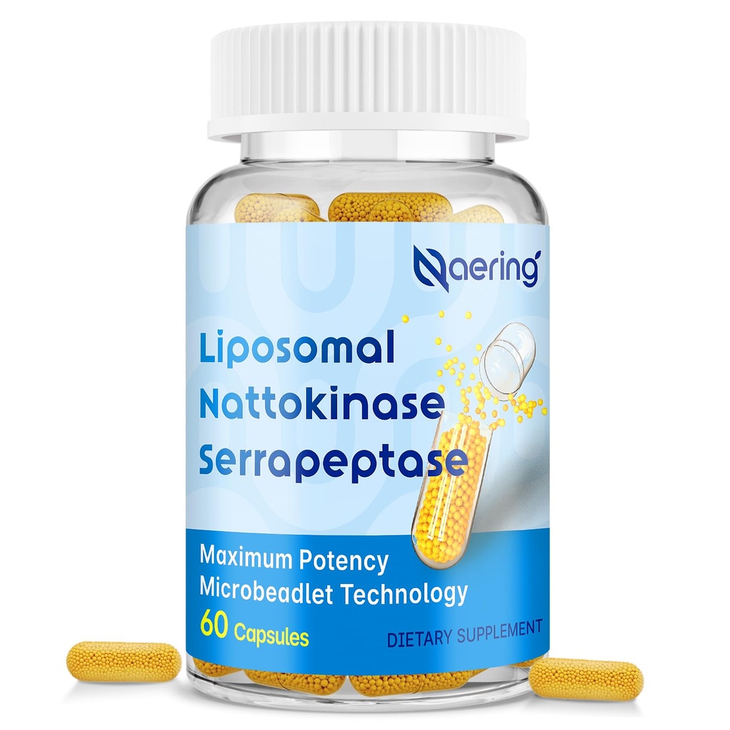 Liposomal Nattokinase 12,000 FU Serrapeptase 360,000 SPU Enzyme Supplement - Enriched with Synergistic Enzymes and Nutrient Blend & Inulin for Circulatory, Gut, Digestion 60 Capsules (1 Bottle)