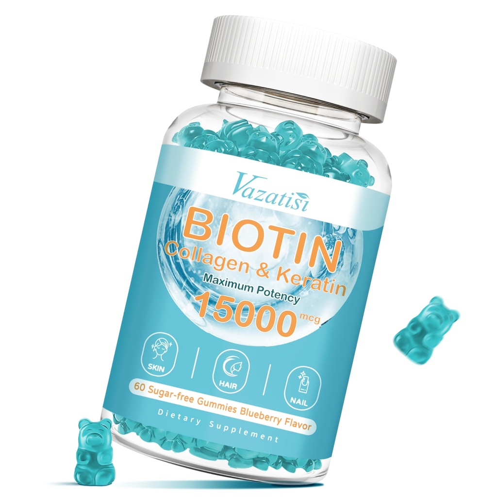 Biotyna i gumki kolagenowe z B12, skóry do włosów i paznokci Witaminy Gummie do wzrostu włosów, połysk skóry i silne paznokcie - Blueberry Flavor, Cukier wolny, 60 Ct