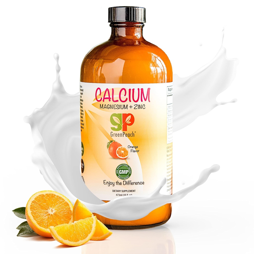 GreenPeach Organic Liquid Wapń dla dzieci - Magnez, Cynk, Wapnia Cytrate & Witamina D3 Syrop wapniowy i płynny suplement wapnia, NO cukier NO sztuczne aromaty, Wegetariański Kosher Halal