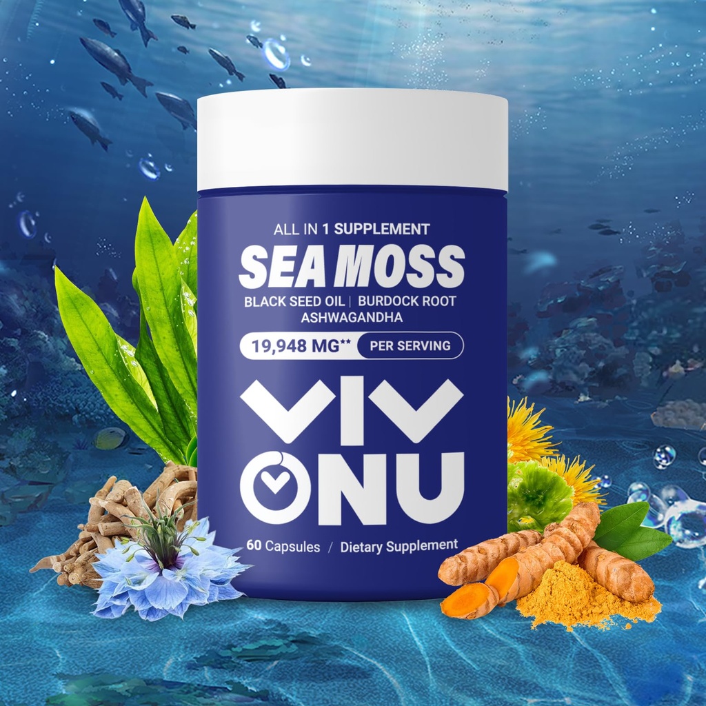 Sea Moss Black Seed Oil Ashwagandha Shilajit Ginger- Sea Moss Capsules with Burdock Turmeric Vitamin C & D3 Elderberry Ginger ASV Manuka Dandelion- Immune System, Skóra, Wsparcie energetyczne