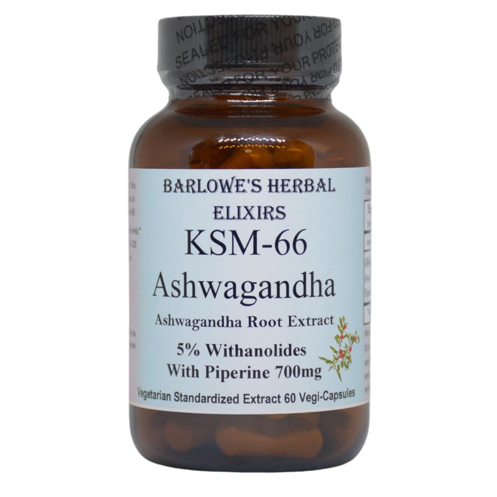 Ekstrakt rootowy Barlowe eliksiry KSM- 66 Ashwagandha 124; Ekstrakt rootowy Ashwaganda 124; 5% Withanolides 124; 700mg na kapsułkę 124; 60 Kapsułek Veggie 124; Wolny stearynian 124; Butelka szklana