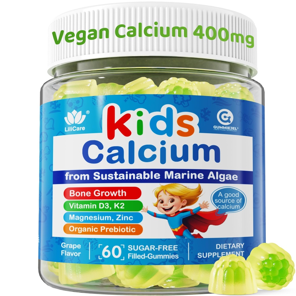 Dzieci Gummie wapniowe + Witamina D3 K2, Magnez, Cynk, Dodatkowa absorpcja Algae Suplement wapnia dla dzieci Delikatny do żołądka, Kości, Zęby, Mięśnie, Mózg, Sugar Free Chewable Kids Vitamin 4 +, 60 Liczby