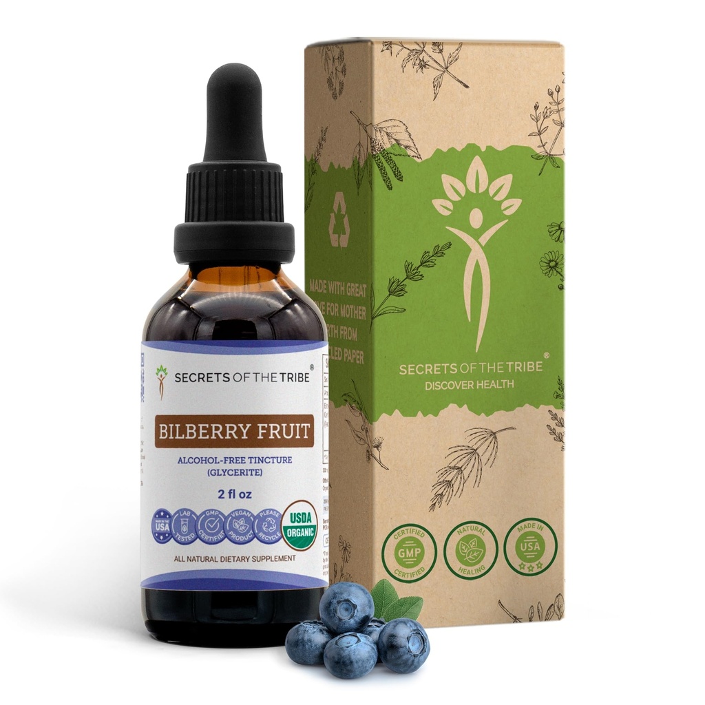 Secrets of the Tribe Bilberry Fruit USDA Organic Equipment 124; Alcohol- Free Extract, High- Pottency Herbal Drops, Vision Destruction 124; Made from 100% Certified Organic Bilberry (Vaccinium Myrtillus) Dried Fruit 2 oz