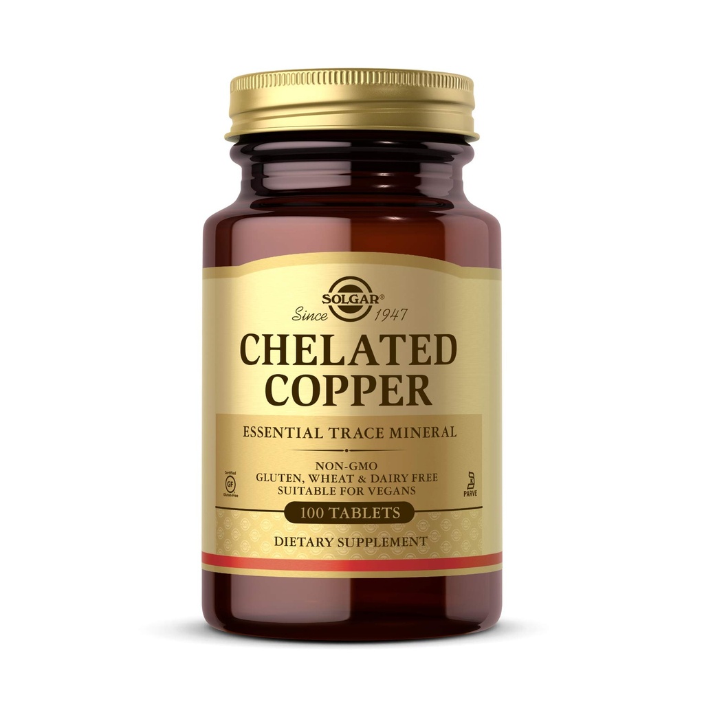 Solgar Chelated Copper, 100 Tablets - Esential for Collagen Formation - Wysoce Biodostępna Forma - Wsparcie Tkanka łącząca - Non-GMO, Wegan, Gluten Free, Dairy Free, Kosher - 100 Sług