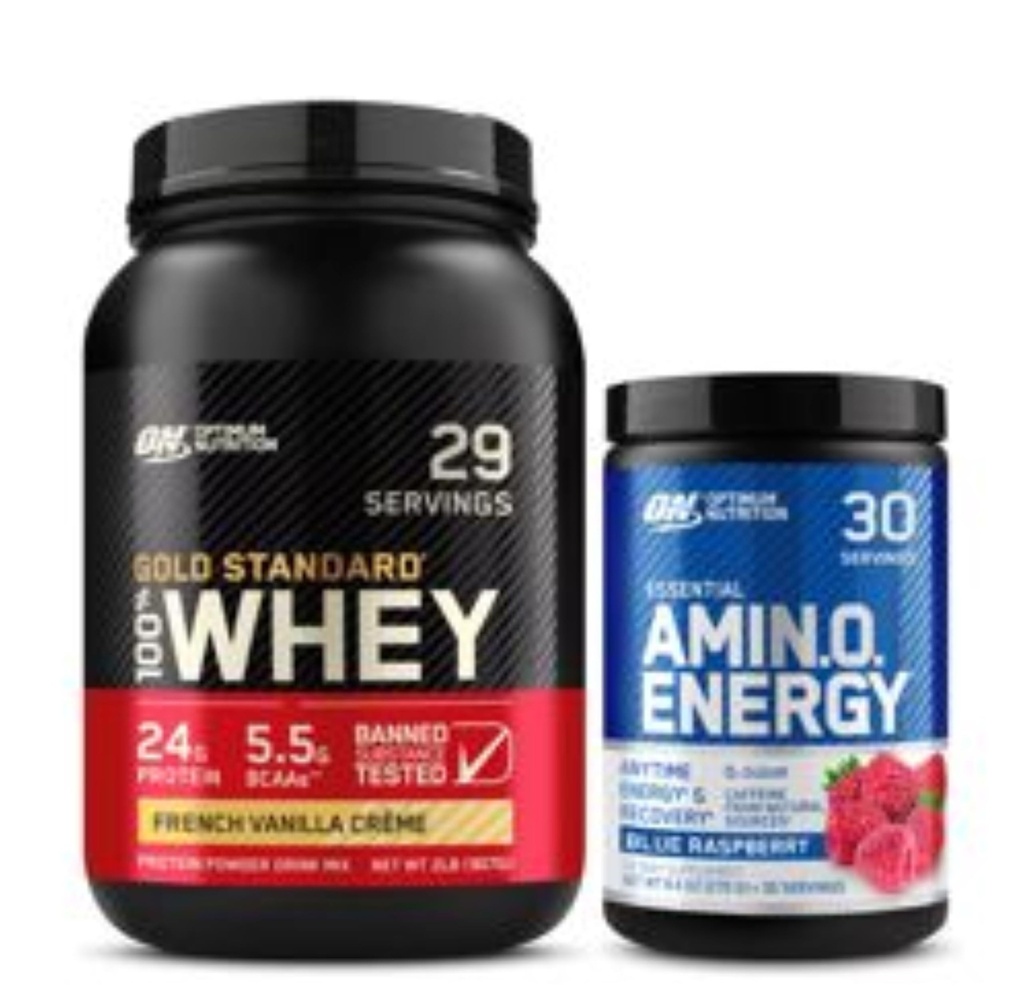 Optimum Nutrition Dynamic Duo Bundle: Amino Energy, Blue Malina (30 Służenia) i Gold Standard 100% Proszek białka serwatki, French Vanilla Creme (29 Słupki)