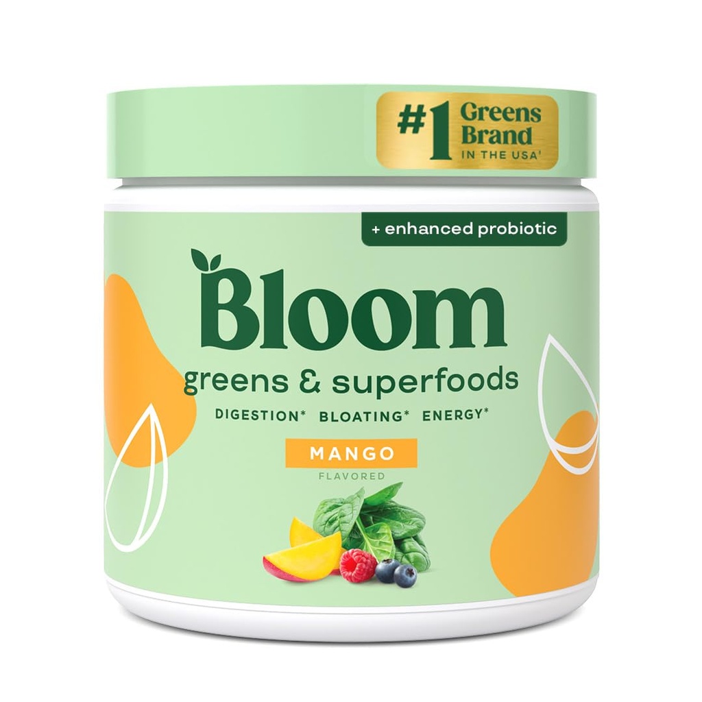 Bloom Nutrition Superfood Zielony Proszek, Enzymy trawienne z Probiotyki i Prebiotyki, Gut Health, Bloating Relief for Women, Chlorella, Zielony Juice Mix z Buraka korzeniowego Proszek, 30 SVG, Mango