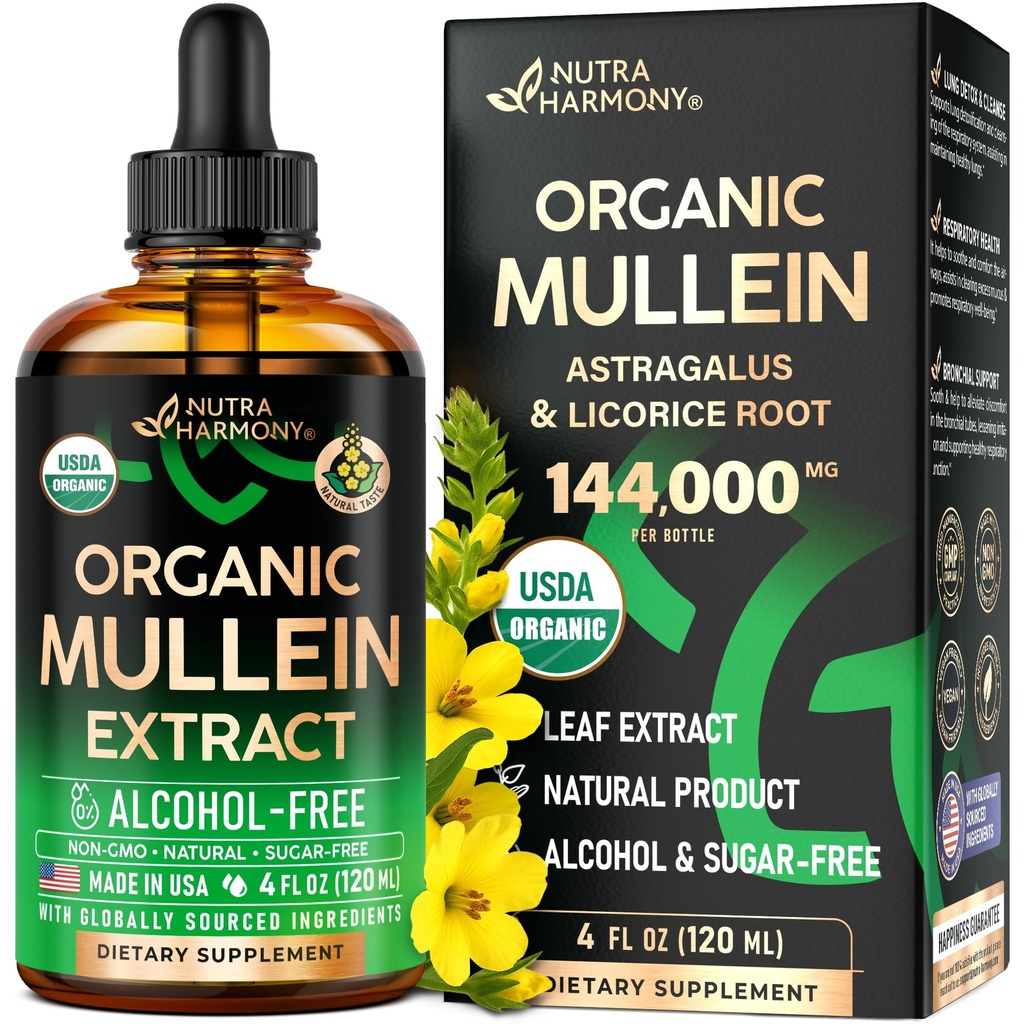 Mullein Drops for Lungs - USDA Organic Liquid - Mullein Leaf Extract Supplement - Made in USA - Lung & Bronchial Cleanse for Smokers - Wsparcie dla zdrowia oddechowego - Jak nalewka, Herbata, Pigułki - 4 fl oz