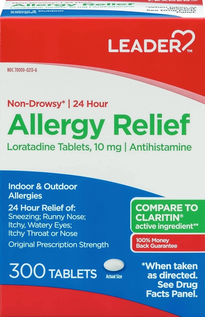 Leader 24 Hour Allergy Relief, Non-Drowsy, Lorrigen10 mg, Antihistamina, Oryginalna siła recept, Sinus Relief, Kryty i Outdoor, Przeciwdziałanie alergii, 300 Tabletki