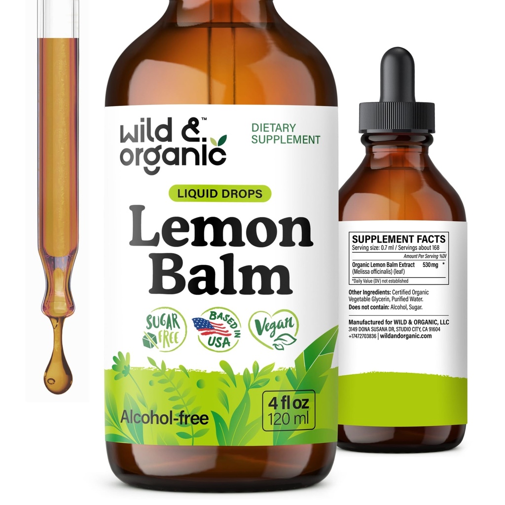 Wild & Organic Lemon Balm Tincture - Mood Support Supplement - Melissa Lemon Balm Leaf Extract Drops - Vegan, Sugar & Alcohol- Free Calming Supplement - 4 fl oz