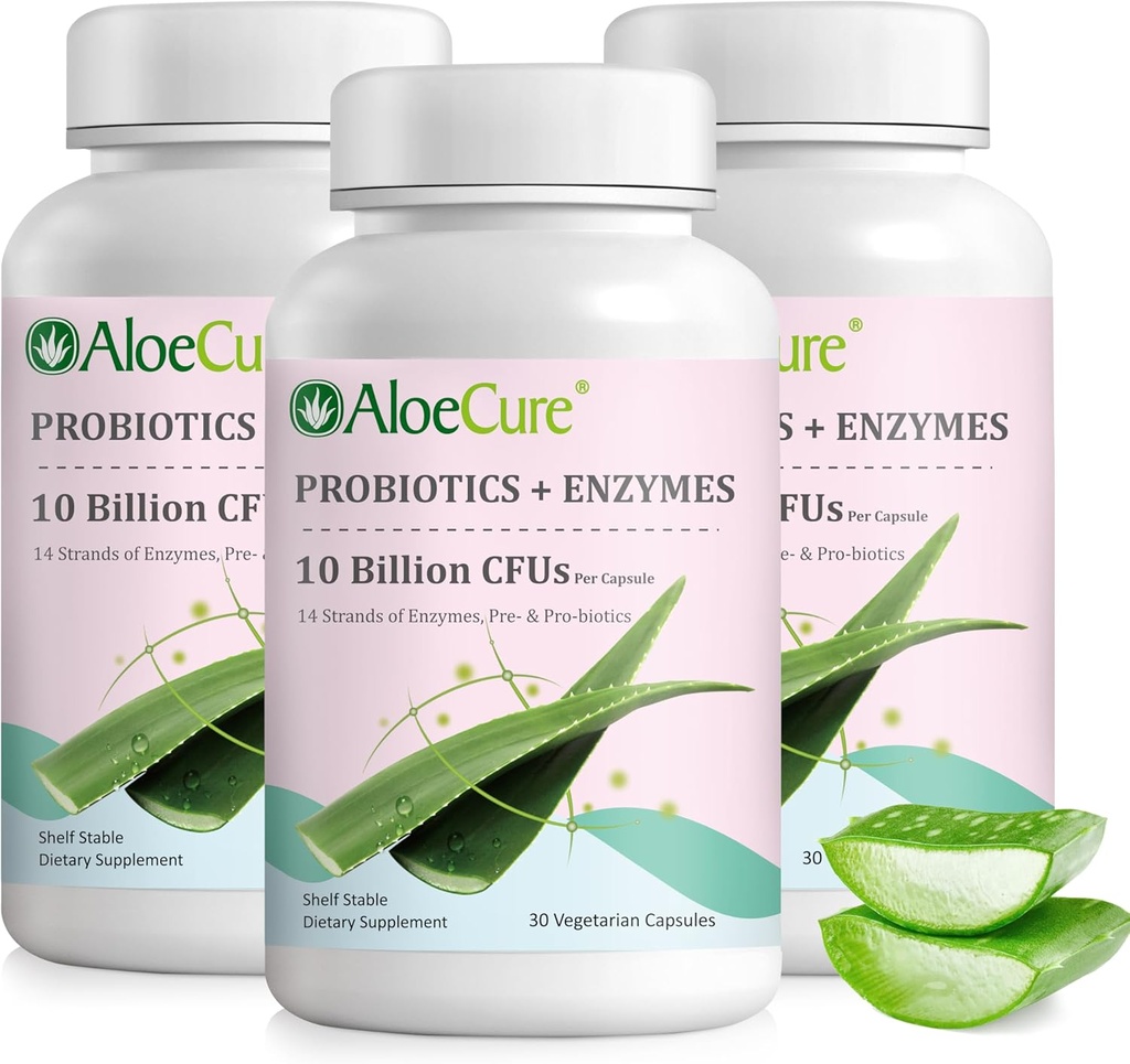 AloeCure Daily Probiotics 10 Billion CFU for Digestive Support 8 Strains, 6 Prebiotyki & Enzymy - Suplement diety z bromelainem dla kobiet i mężczyzn - Wsparcie dla gut, Digestive Relief, 30 Caps x 3btls