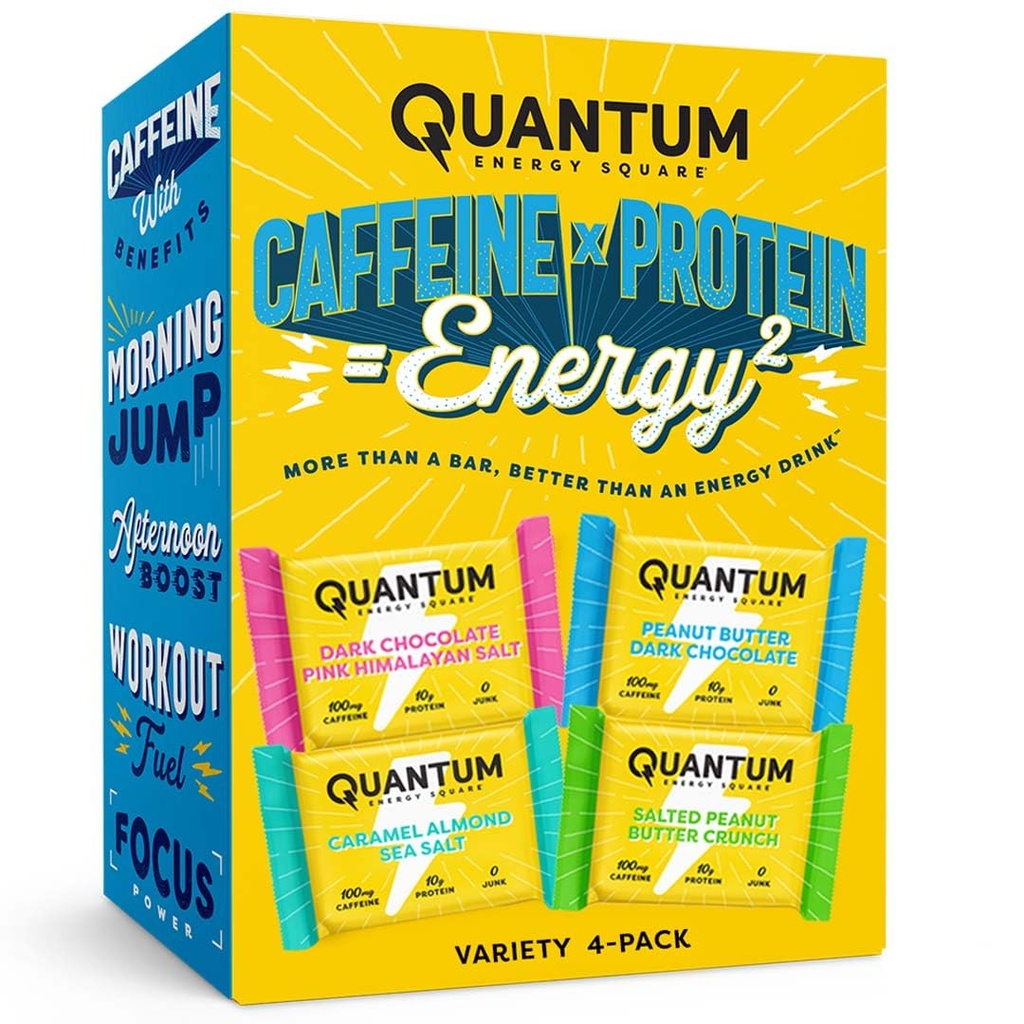 Quantum Energy Square - Energy Bar z kofeiną i 10 g białka, Zdrowe przekąski On the Go - Wegan, Gluten- Free, Soy & Dairy-Free - Variety 4- Pack