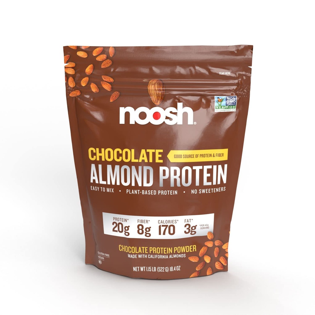 NOOSH Plant Based Almond Protein Powder Czekolada 43 Gram - Wegański Proszek Białko, Wszystkie naturalne składniki, Non-GMO, Gluten Free, Kosher, Peanut Free, Soy Free, Dairy Free (Czekolada)