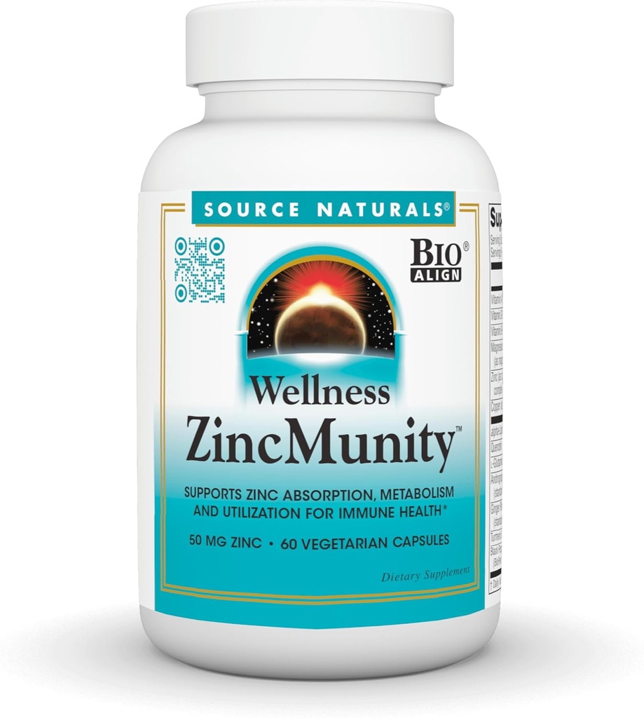 Source Naturals Wellness ZincMunity, Supports Zinc Absorption, Metabolism and Utilization for Immune Heath*, 50 mg Zinc - 60 Vegetarian Capsules