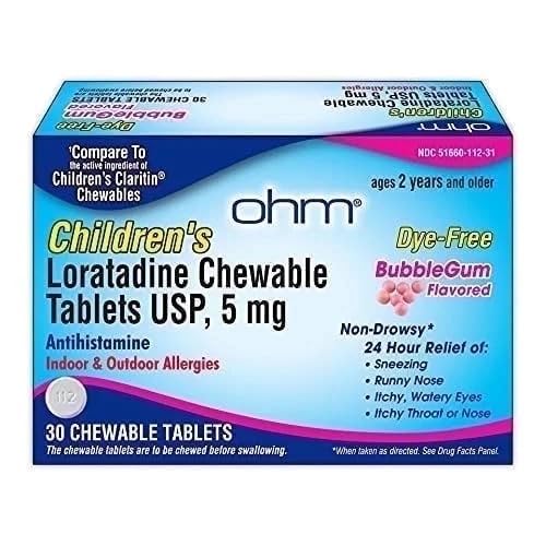 Ohm Dzieci Lorraine Chewable, Dye Free, Guma do żucia, Non-Drowsy 24h Ulga z kichania, Runny nos, Wodne oczy, swędzące gardło lub nos, Antihistamina, Wewnętrzne i zewnętrzne alergie, 5mg, 30 Tabletki