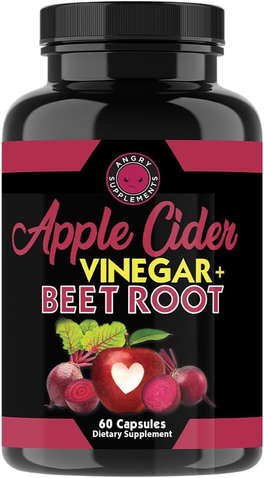 Angry Supplements Jabłko Cydr Ocet + Buraki w proszku kapsułki, Pure ACV Beetroot 1000mg na serwowanie, Digestive Health for Men and Women (60ct, 1- Month Supply)