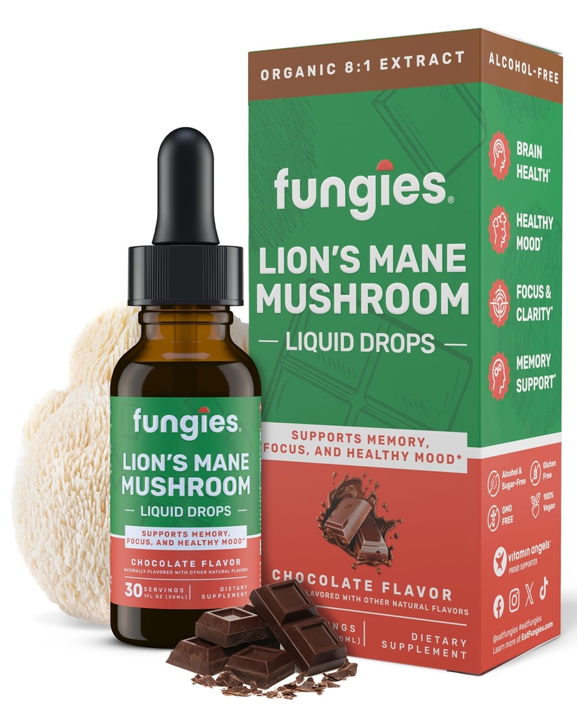 Fungie Grzyb Lwie Mane płynne krople, Czekolada - nalewka z Lions Mane Extract Wspiera mózg mgły, Focus, Pamięć i zdrowy nastrój - Mushroom Complex Suplement dla dorosłych - 30 Służenia